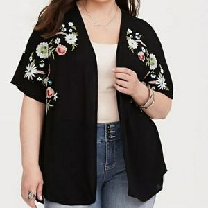 Torrid Floral Embroidered Black Gauze Kimono